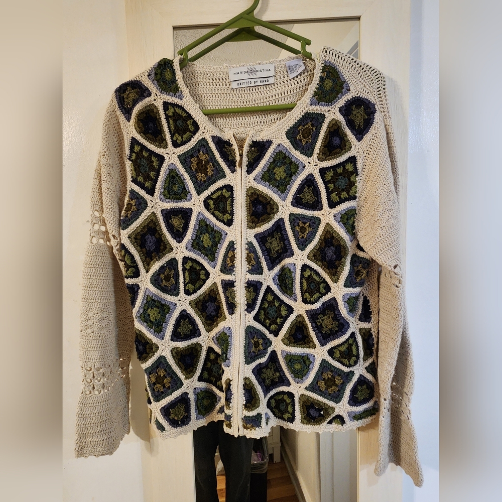 Vtg Marisa Christina Patchwork Crochet Knit Cardigan  Granny Square Women’s S